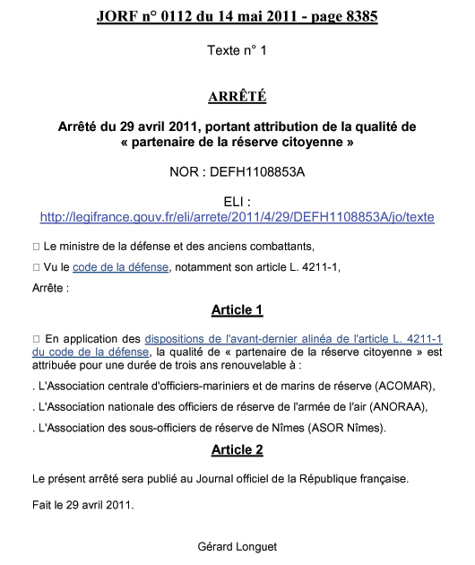 JORF n° 0112 du 14 mai 2011 - page 8385